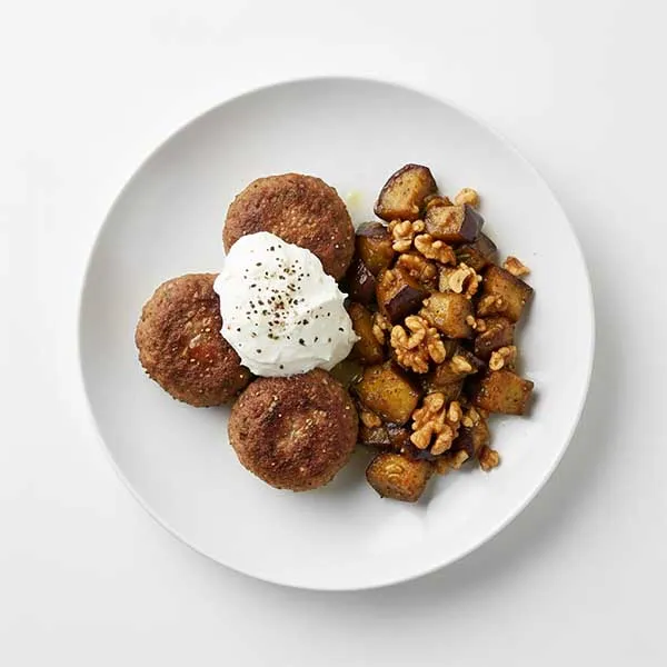 Greek Beef  keftedes With Walnut Eggplant and Whipped Feta